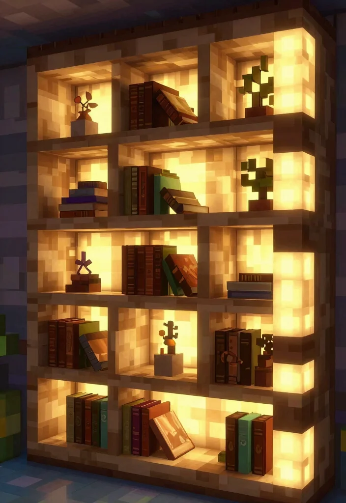 17 Bookshelf Design Minecraft Ideas for a Creative Build - 14. Bookshelf with Integrated Lighting 1
