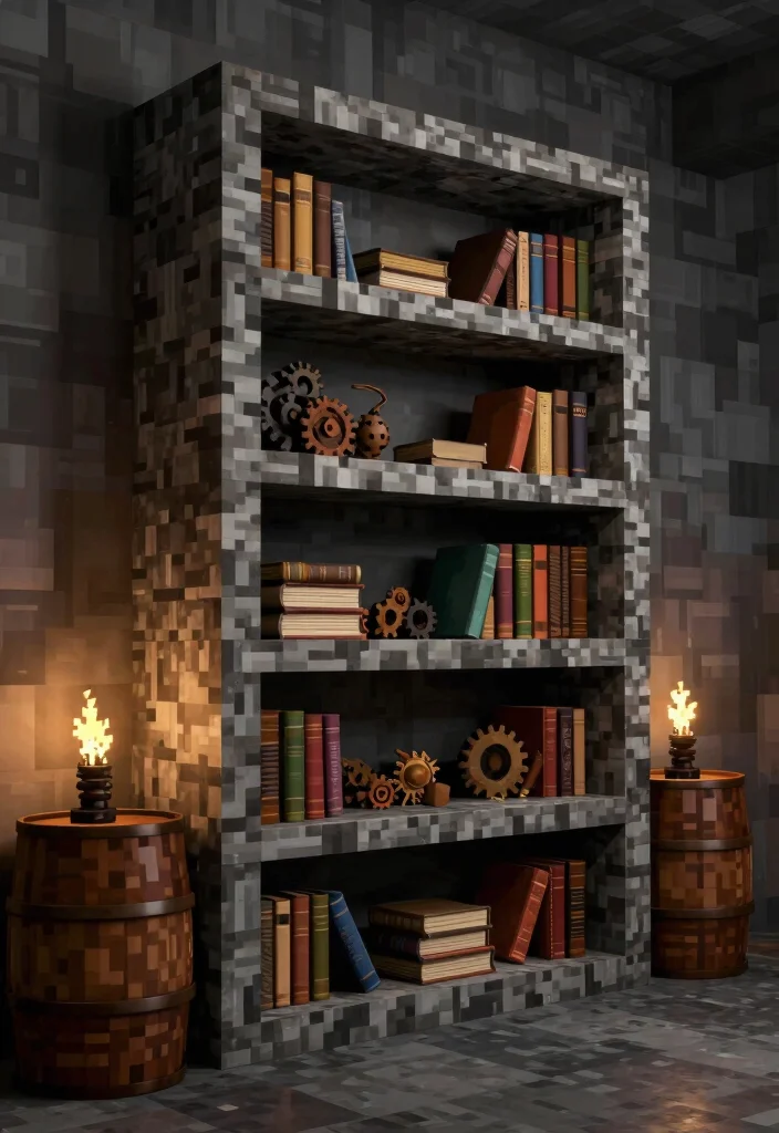 17 Bookshelf Design Minecraft Ideas for a Creative Build - 5. Industrial Style Bookshelf 1