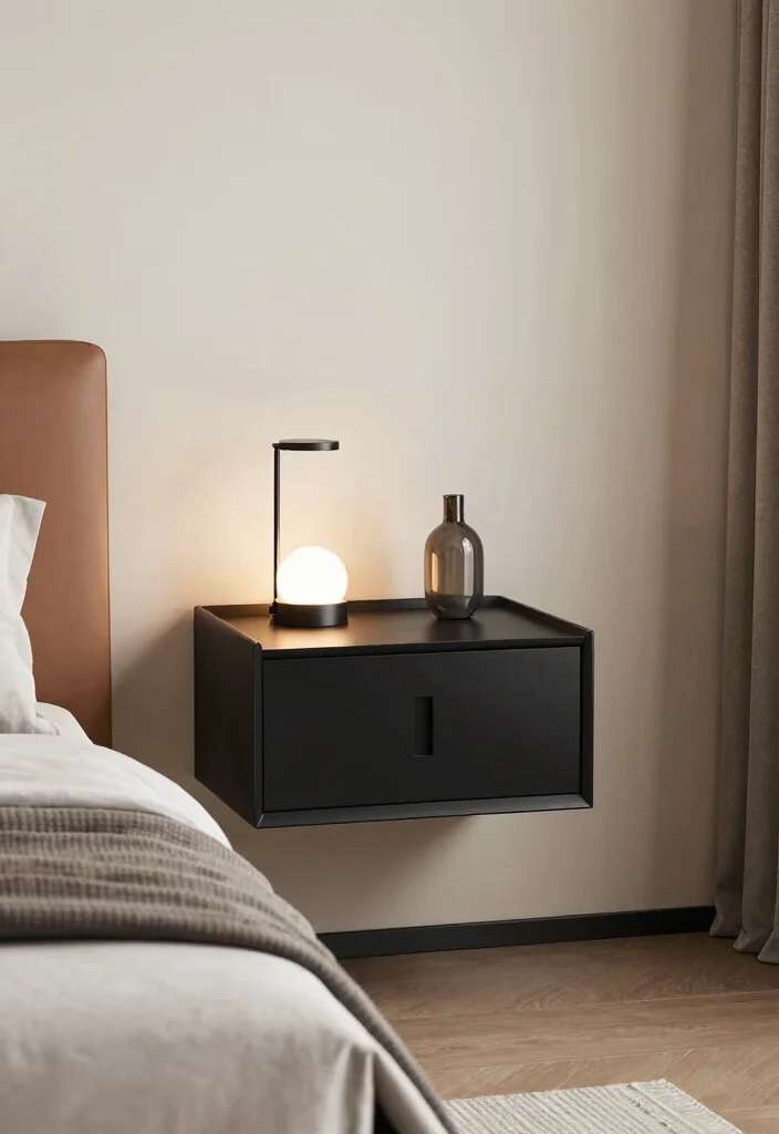 17 Modern Floating Nightstand Ideas With Sleek Design - 6. Sleek Black Floating Nightstand 1