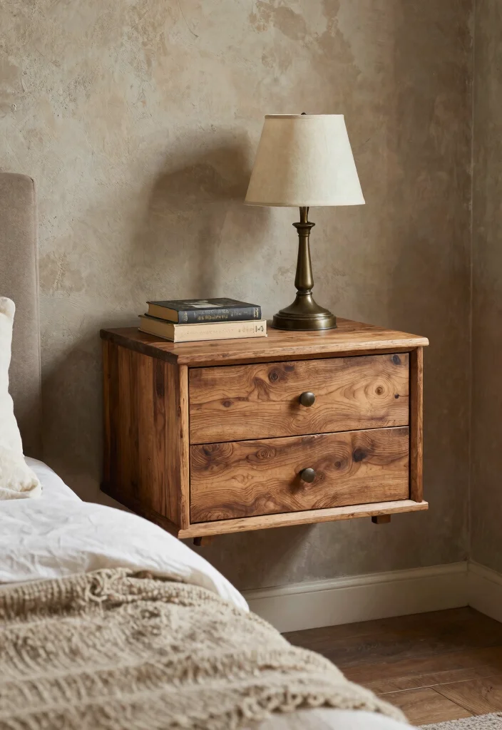 17 Modern Floating Nightstand Ideas With Sleek Design - 7. Vintage Reclaimed Wood Floating Nightstand 1