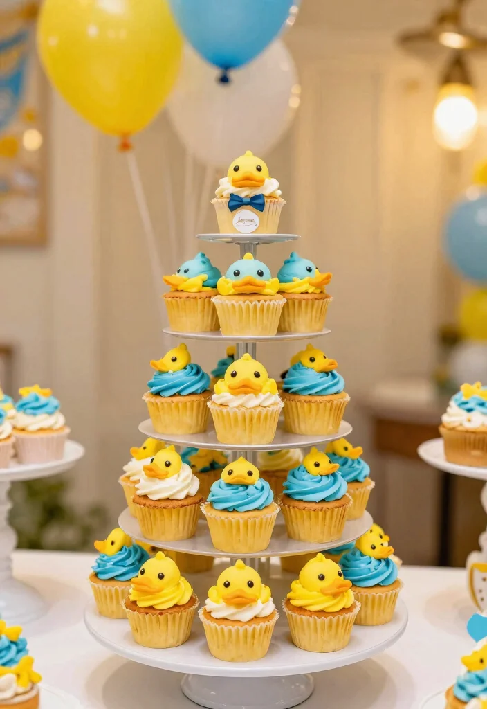 10 One Lucky Duck Smash Cake Designs That Survive Baby's First Smash - 8. Duck-Themed Cupcake Tower 1