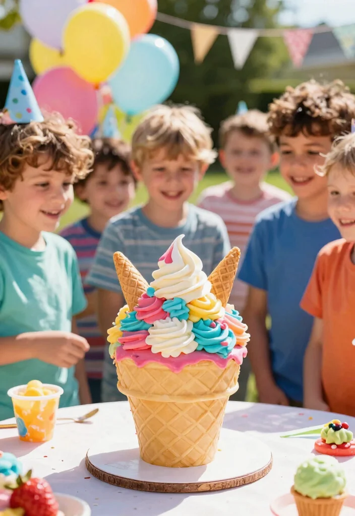 12 Boy Birthday Cake Ideas That Survive Outdoor Summer Heat - 11. Ice Cream Cone Cake 1