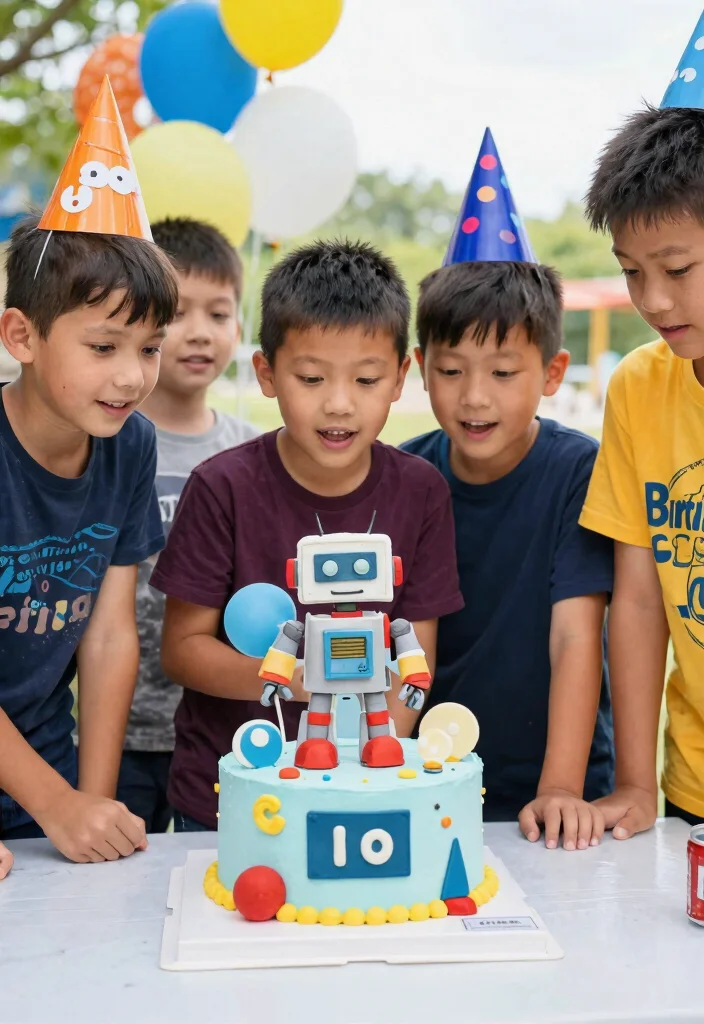 12 Boy Birthday Cake Ideas That Survive Outdoor Summer Heat - 9. Robot Party Cake 1