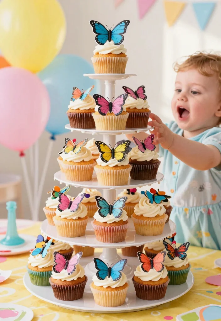 12 Butterfly Smash Cake Ideas for First Birthdays That Photo Well - 7. Butterfly Cupcake Tower 1