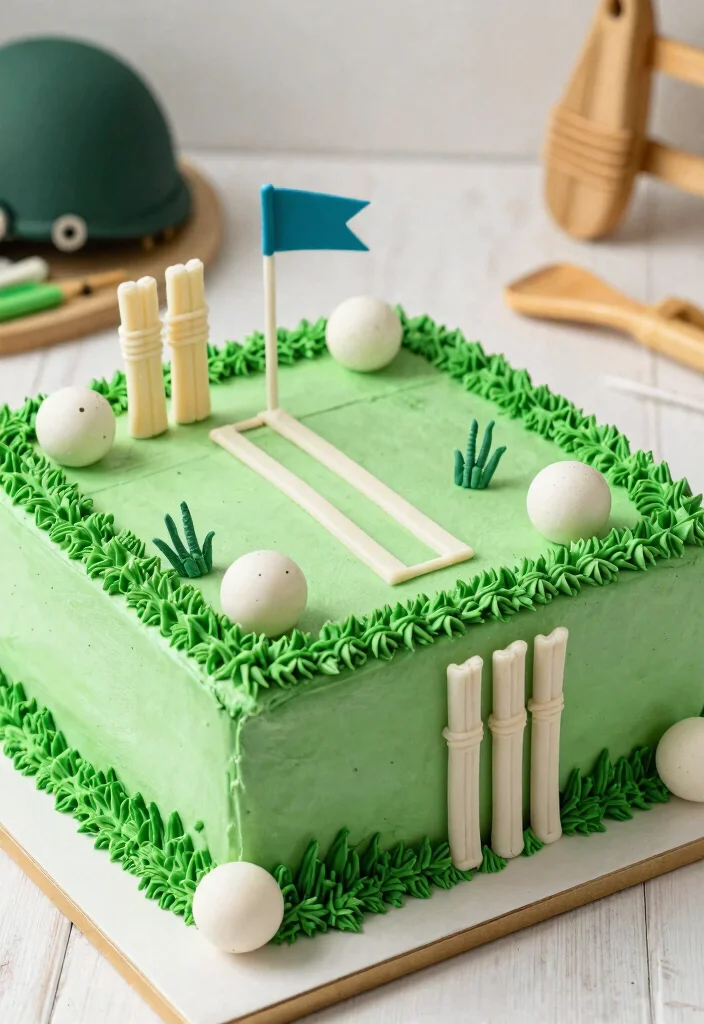 12 Cricket Cake Design Ideas With Field and Ball Detail Without Edible Images - 2. Cricket Field Scene Cake 1