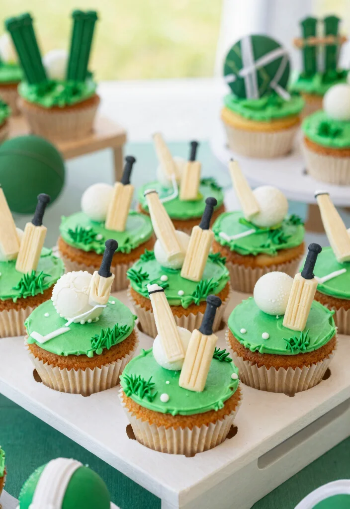 12 Cricket Cake Design Ideas With Field and Ball Detail Without Edible Images - 4. Cricket Pitch-Inspired Cupcakes 1