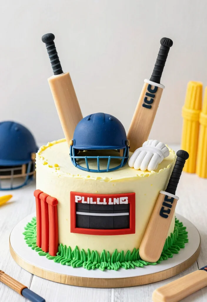 12 Cricket Cake Design Ideas With Field and Ball Detail Without Edible Images - 5. Theme Cake with Cricket Equipment 1