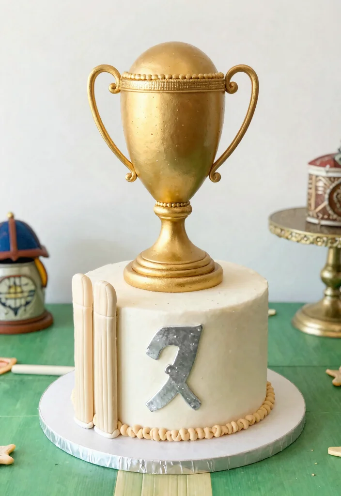 12 Cricket Cake Design Ideas With Field and Ball Detail Without Edible Images - 9. Cricket Trophy Cake 1