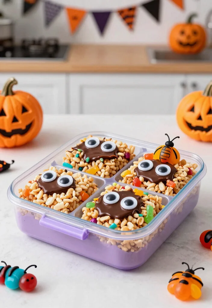 12 Halloween Bento Cake Ideas With Spooky Details Without Piping Skills - 6. Creepy Crawly Rice Krispie Treats 1