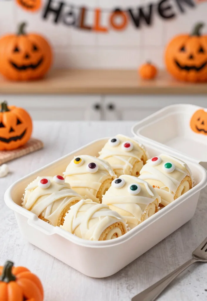 12 Halloween Bento Cake Ideas With Spooky Details Without Piping Skills - 7. Mummy Cake Rolls 1