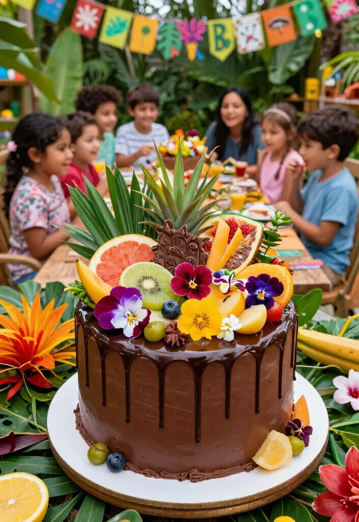 12 Jungle Theme Birthday Cake Ideas That Don't Melt Fast - 10. Tropical Chocolate Drip Cake 1