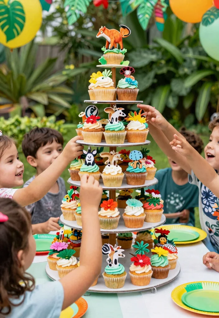 12 Jungle Theme Birthday Cake Ideas That Don't Melt Fast - 11. Eco-Cupcake Tower 1