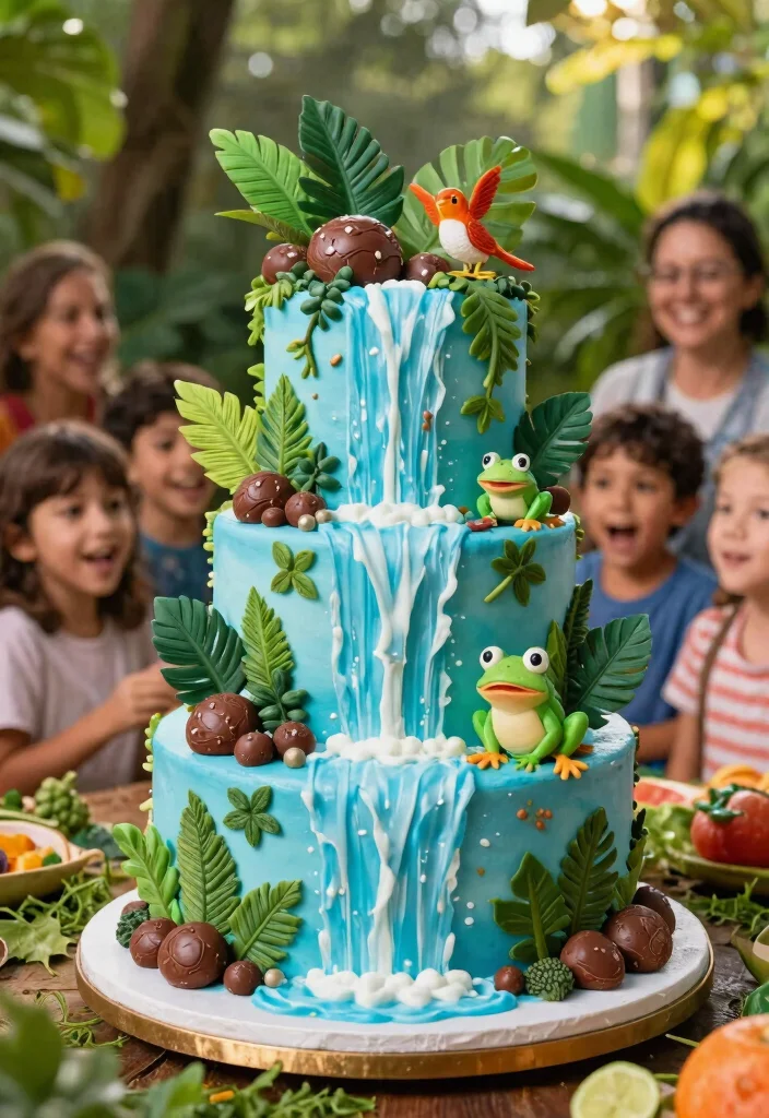 12 Jungle Theme Birthday Cake Ideas That Don't Melt Fast - 6. Jungle Waterfall Cake 1