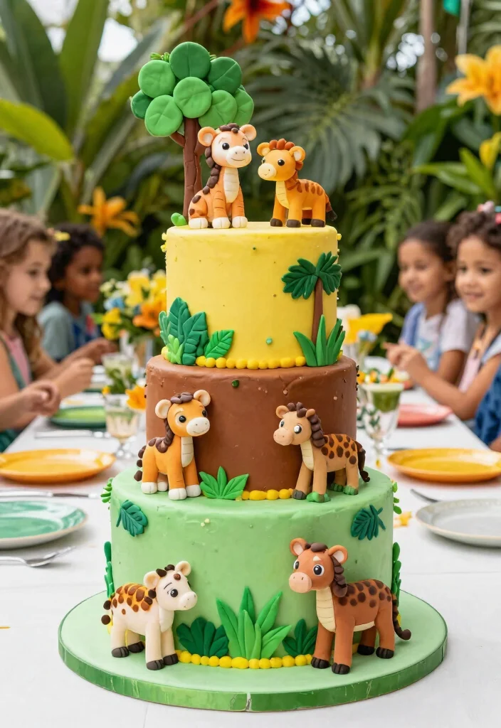 12 Jungle Theme Birthday Cake Ideas That Don't Melt Fast - 9. Jungle Safari Fondant Cake 1