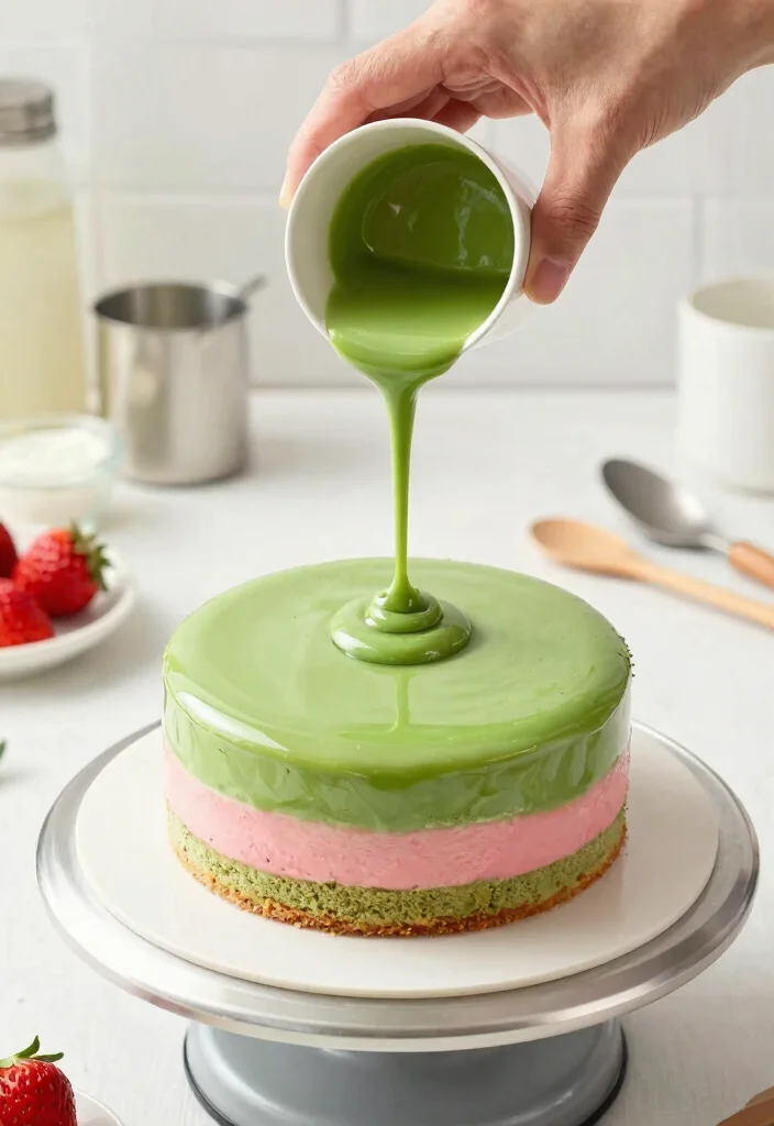 12 Matcha Strawberry Cake Ideas With Clean Color Layers That Don't Stain - 3. Matcha Strawberry Mirror Glaze Cake 1
