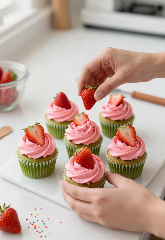 12 Matcha Strawberry Cake Ideas With Clean Color Layers That Don't Stain - 8. Matcha Strawberry Cupcakes 1
