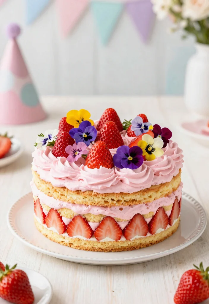 12 Pink 21st Birthday Cake Ideas Where Colors Don't Bleed Overnight - 6. Strawberry Shortcake with Edible Flowers 1