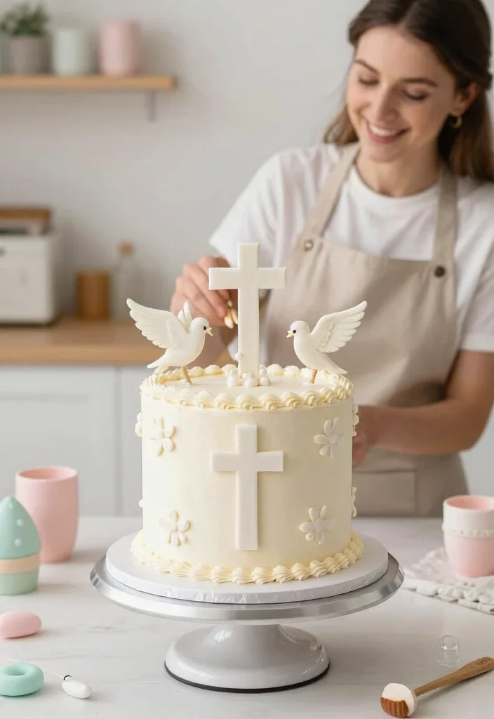 14 Baptism Cake Ideas With Clean Seams for Beginner Decorators - 4. Cross and Doves Design 1
