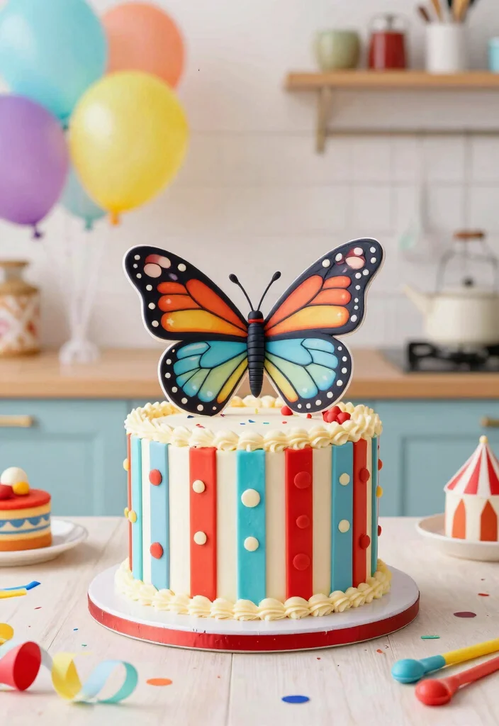 14 Butterfly Birthday Cake Ideas With Wings That Don't Droop - 5. Whimsical Circus Butterfly Cake 1