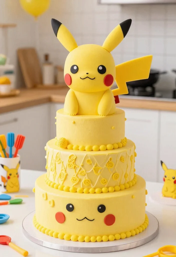 14 Pikachu Cake Ideas That Hold Ears Upright Without Toothpicks - 4. Pikachu Layer Cake with Fondant Details 1