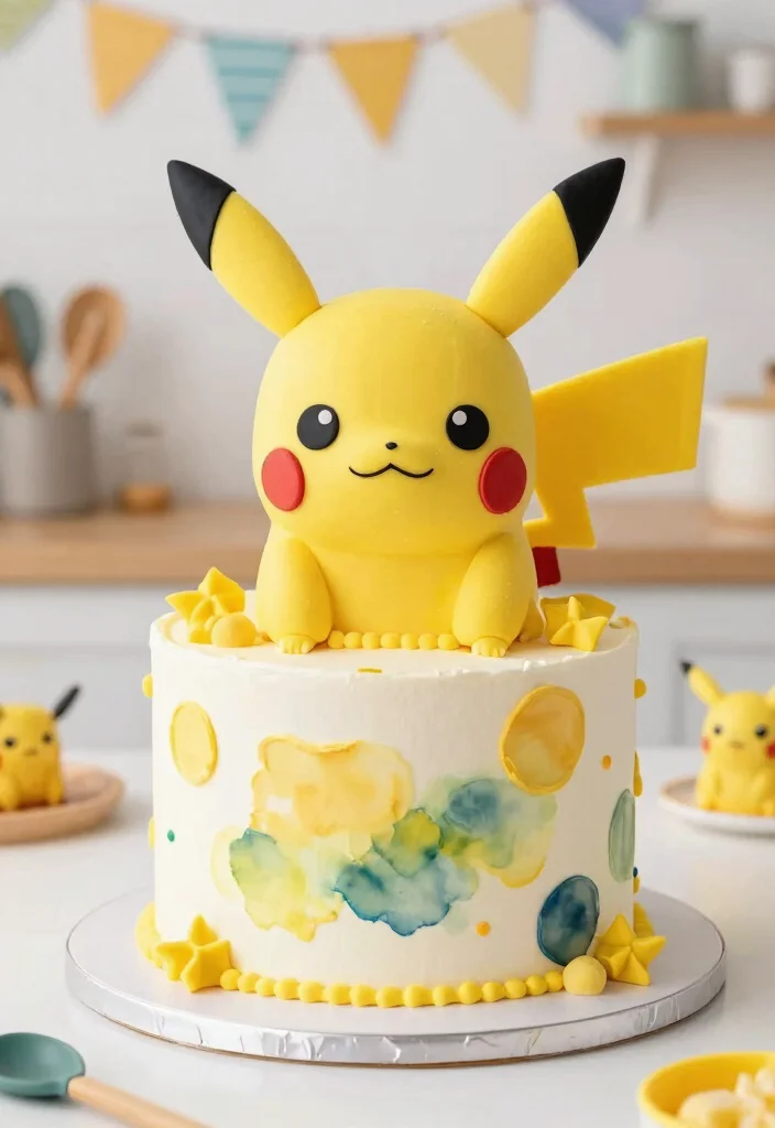 14 Pikachu Cake Ideas That Hold Ears Upright Without Toothpicks - 8. Pikachu Fondant Cake with Watercolor Effect 1