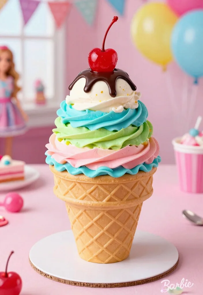 15 Barbie Birthday Party Cake Ideas Without Needing a Doll Pan - 13. Barbie Ice Cream Cake 1