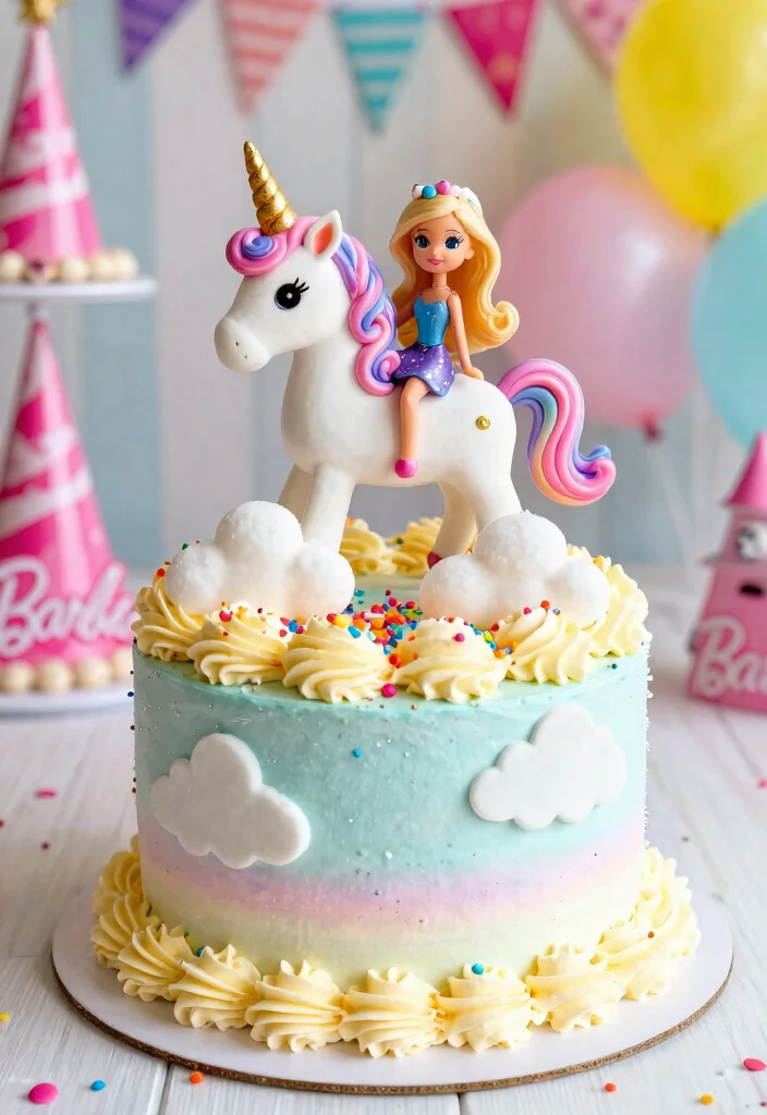 15 Barbie Birthday Party Cake Ideas Without Needing a Doll Pan - 14. Barbie Magical Unicorn Cake 1