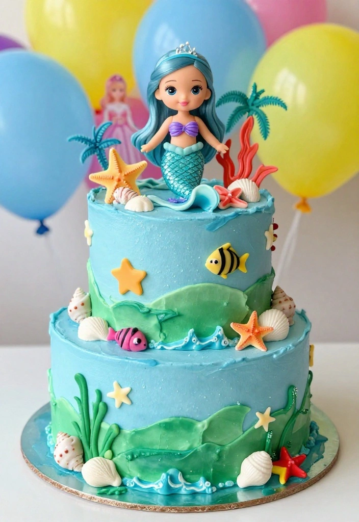 15 Barbie Birthday Party Cake Ideas Without Needing a Doll Pan - 3. Barbie Under the Sea Cake 1