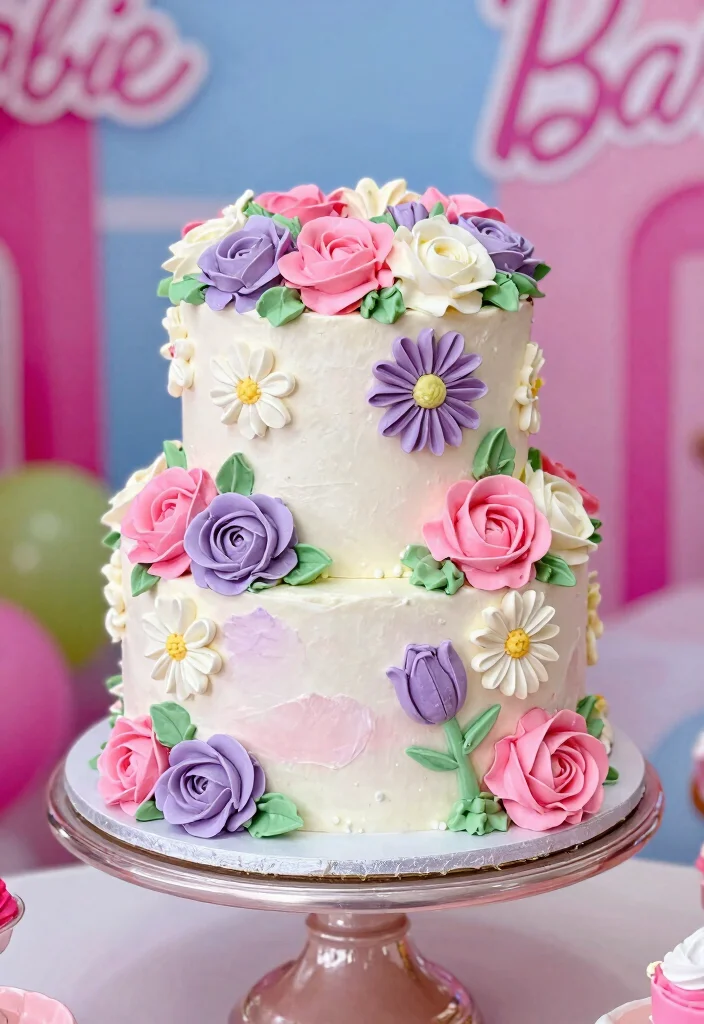 15 Barbie Birthday Party Cake Ideas Without Needing a Doll Pan - 6. Barbie Floral Garden Cake 1
