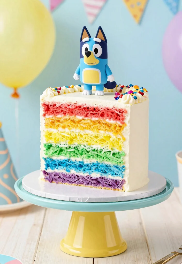 15 Bluey Birthday Cake Ideas for Boys With Character Features Without Piping Skills - 11. Layered Rainbow Bluey Cake 1