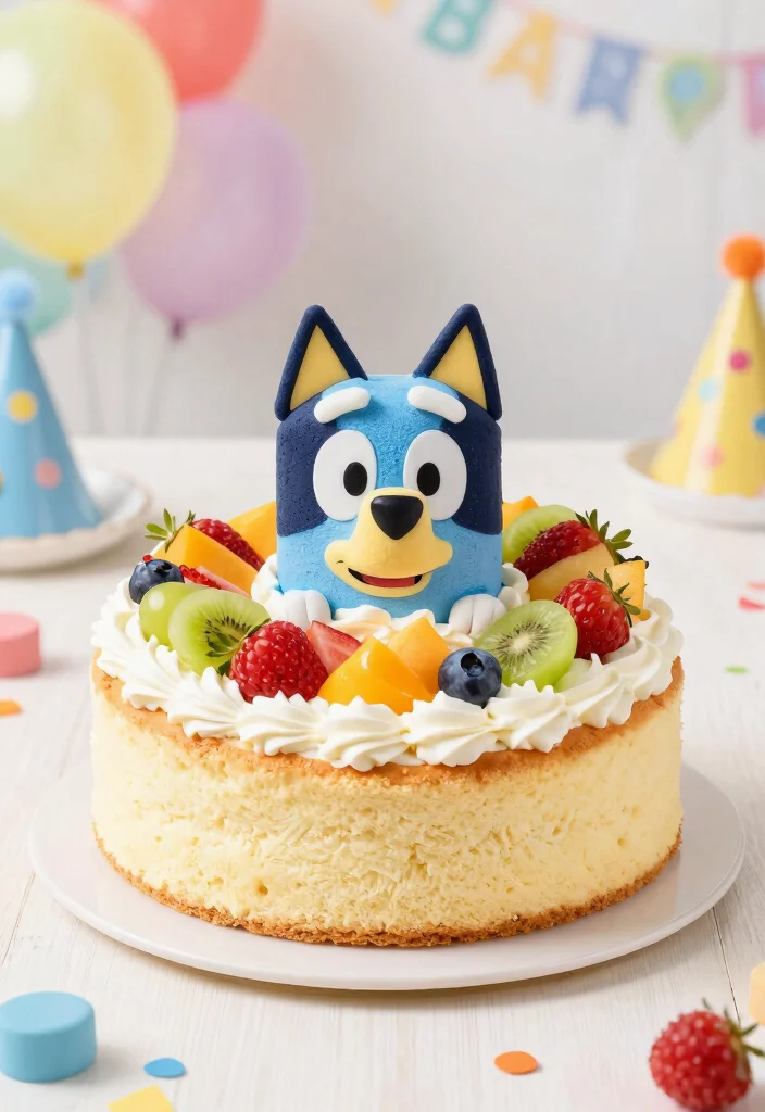 15 Bluey Birthday Cake Ideas for Boys With Character Features Without Piping Skills - 14. Bluey’s Fruit Cake 1