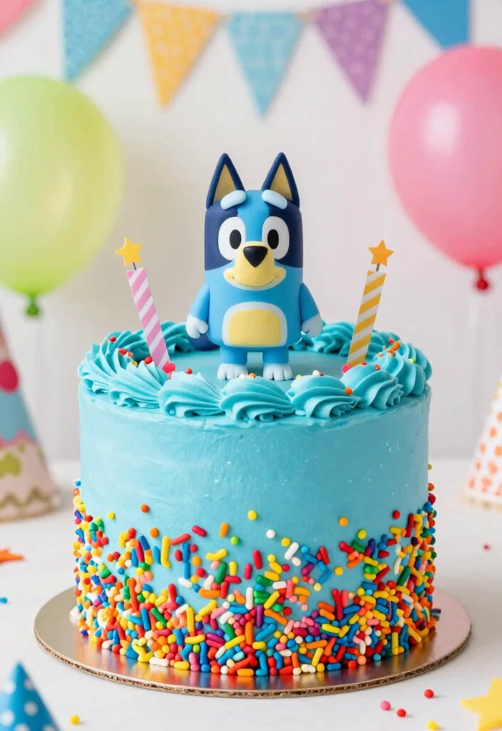 15 Bluey Birthday Cake Ideas for Boys With Character Features Without Piping Skills - 15. Bluey Rainbow Sprinkles Cake 1