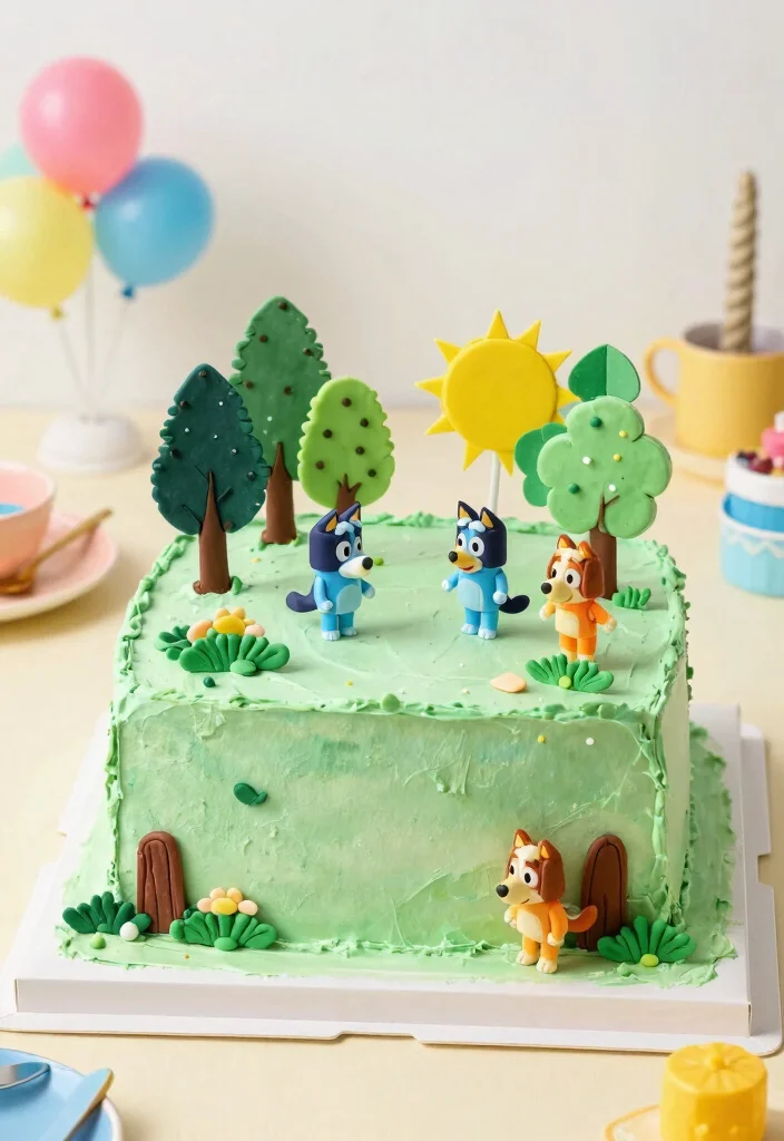 15 Bluey Birthday Cake Ideas for Boys With Character Features Without Piping Skills - 3. Bluey in the Park Cake 1