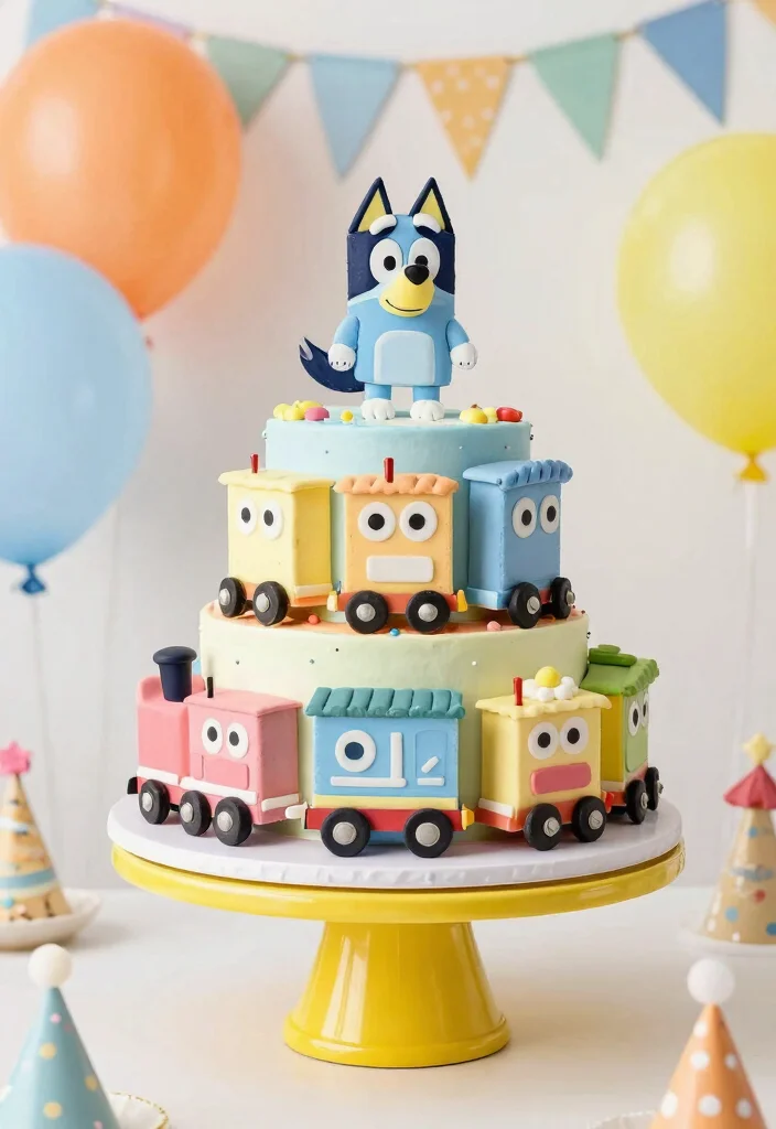 15 Bluey Birthday Cake Ideas for Boys With Character Features Without Piping Skills - 9. Bluey’s Birthday Train Cake 1