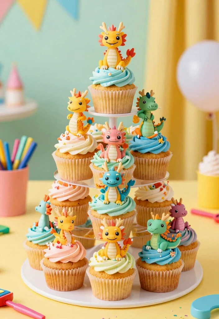 15 Dragon Cake Ideas That Keep Their Structure - 11. Dragon-Themed Cupcake Tower 1