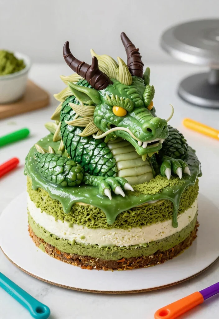 15 Dragon Cake Ideas That Keep Their Structure - 3. Fierce Green Dragon Cake 1