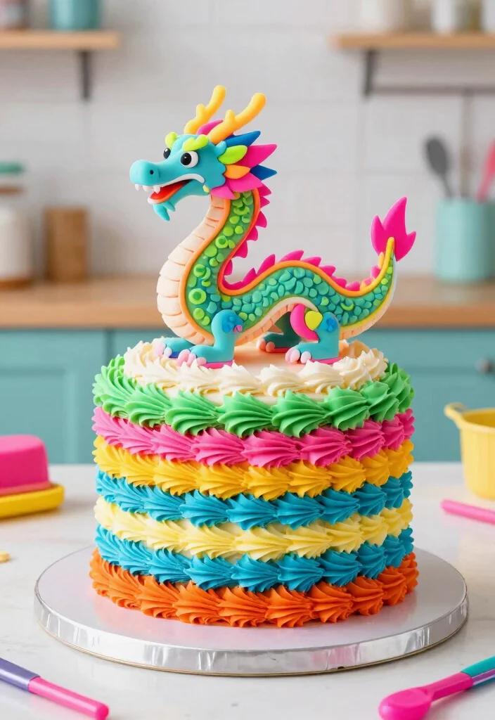 15 Dragon Cake Ideas That Keep Their Structure - 8. Neon Dragon Cake 1