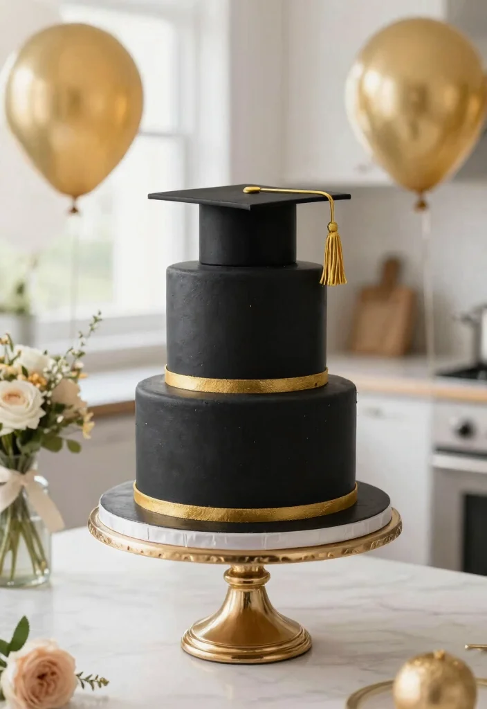 15 Graduation Cake Designs That Hold Fondant Caps Without Sliding - 1. Classic Black and Gold Elegance 1