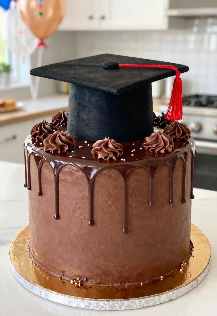 15 Graduation Cake Designs That Hold Fondant Caps Without Sliding - 10. Chocolate Drip Graduation Cake 1