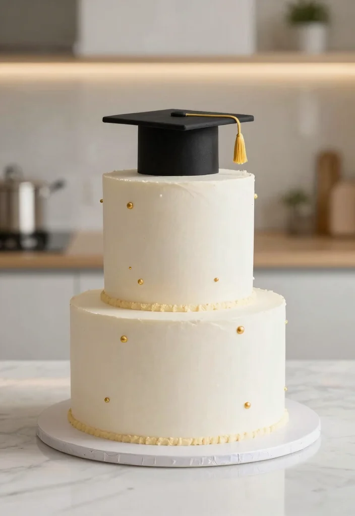 15 Graduation Cake Designs That Hold Fondant Caps Without Sliding - 14. Minimalist White Cake with Gold Accents 1