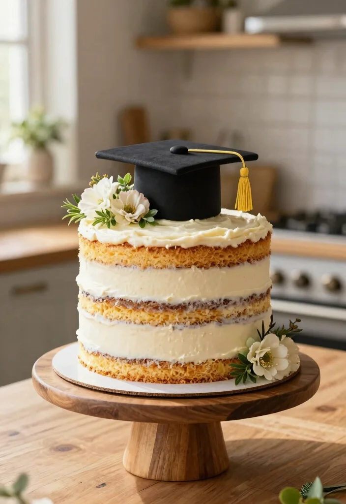 15 Graduation Cake Designs That Hold Fondant Caps Without Sliding - 3. Rustic Naked Cake with Fondant Details 1
