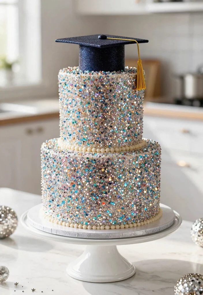 15 Graduation Cake Designs That Hold Fondant Caps Without Sliding - 4. Sparkling Glitter Graduation Cake 1