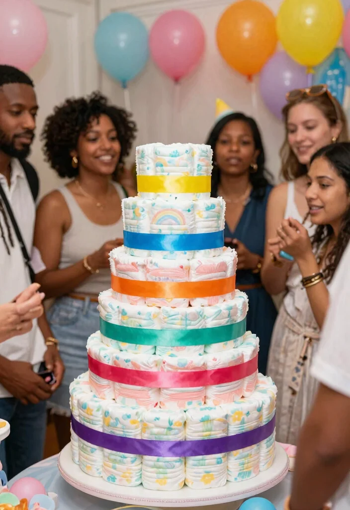 15 Nappy Cake Ideas That Hold Together for the Whole Shower - 5. Rainbow Delight Nappy Cake 1