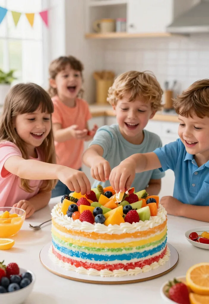 15 Rainbow Smash Cake Ideas That Don't Stain Hands and Faces - 1. Rainbow Fruit Burst Cake 1