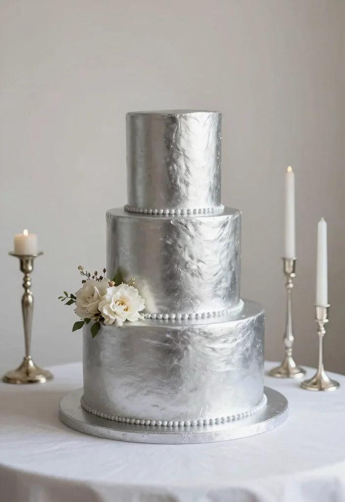 15 Silver Wedding Cake Ideas That Don't Show Fingerprints - 1. Sleek Silver Fondant Cake 1