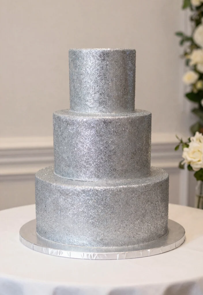 15 Silver Wedding Cake Ideas That Don't Show Fingerprints - 10. Silver Glitter Cake 1