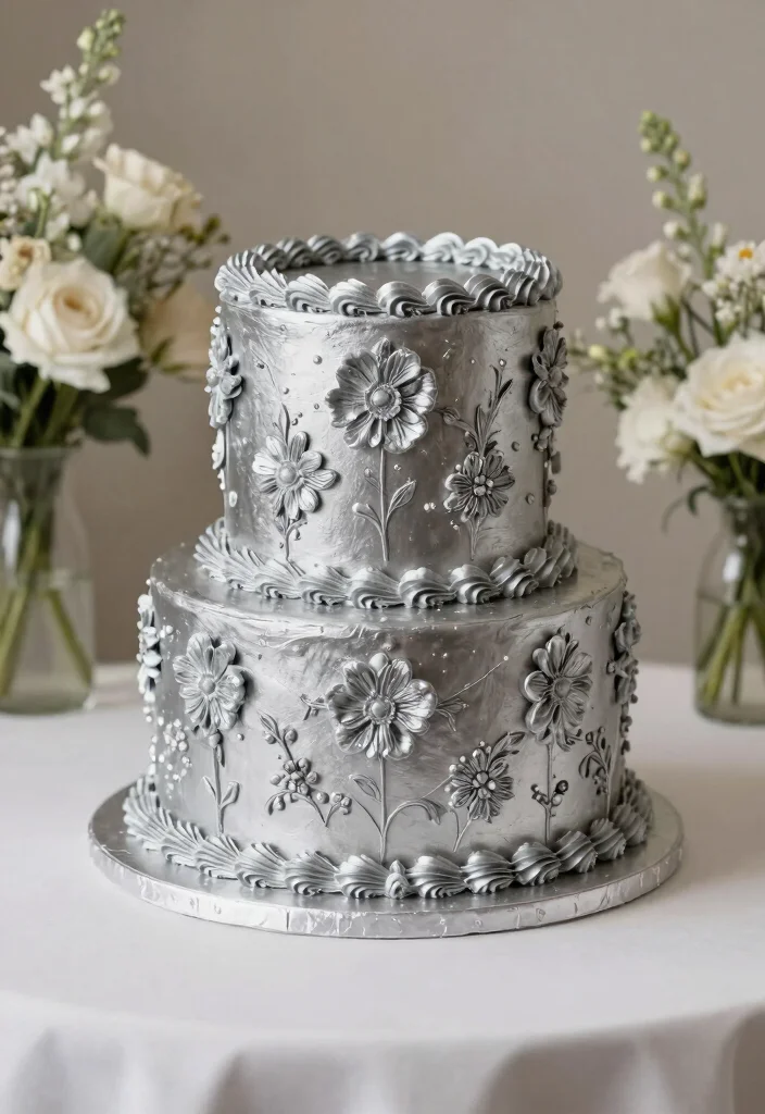 15 Silver Wedding Cake Ideas That Don't Show Fingerprints - 12. Silver Buttercream Flowers Cake 1