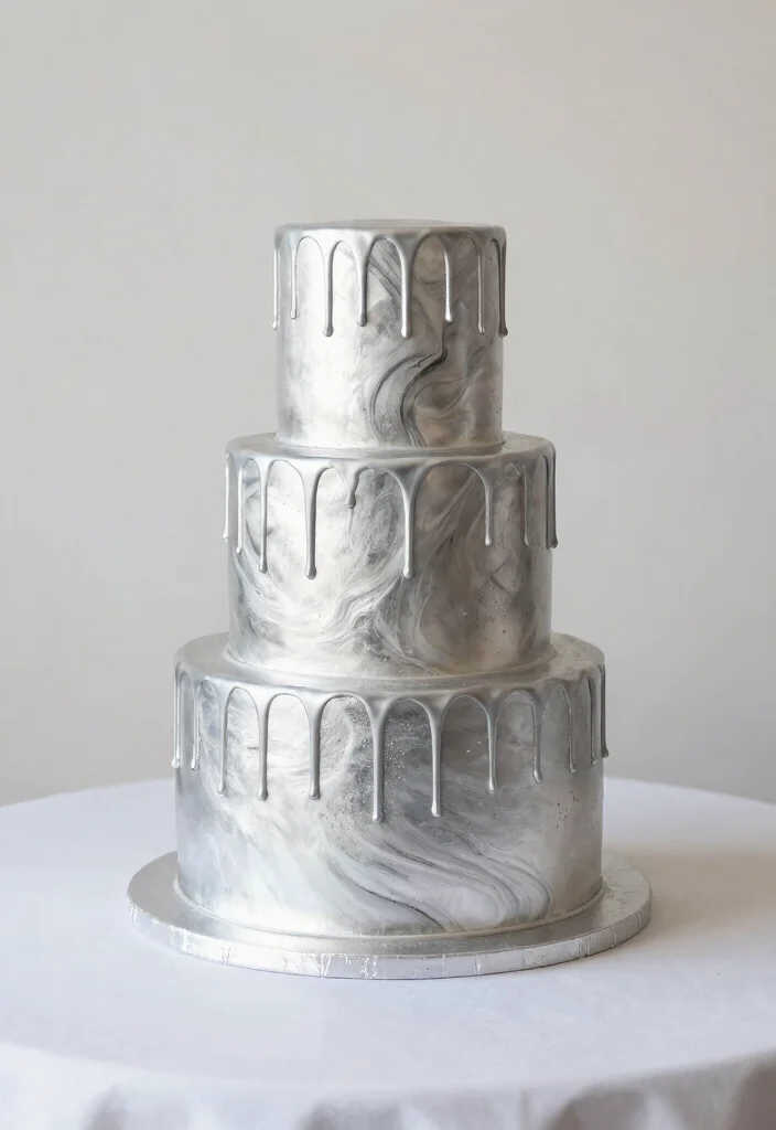 15 Silver Wedding Cake Ideas That Don't Show Fingerprints - 13. Silver Marble Drip Cake 1
