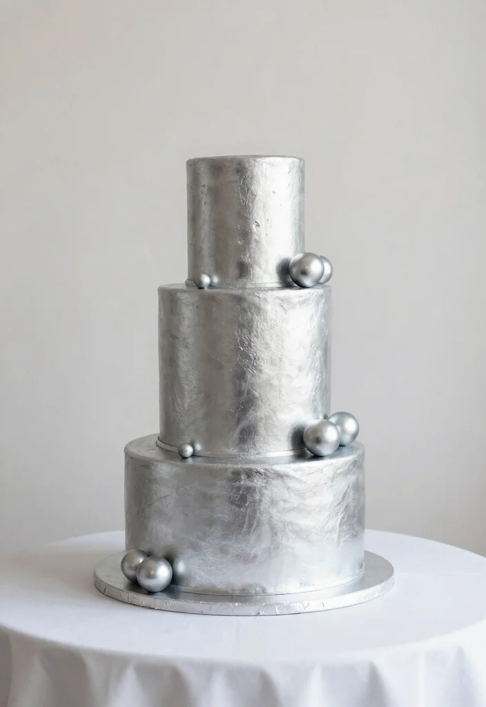 15 Silver Wedding Cake Ideas That Don't Show Fingerprints - 15. Silver Cake with Metallic Accents 1