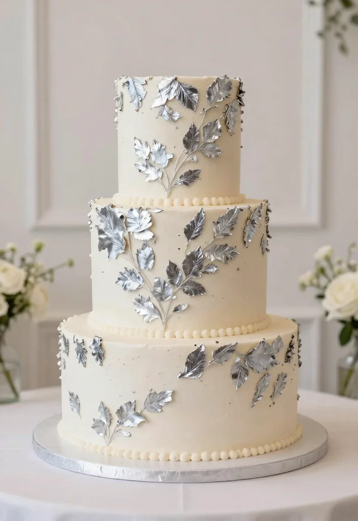 15 Silver Wedding Cake Ideas That Don't Show Fingerprints - 5. Silver Leaf Cake 1